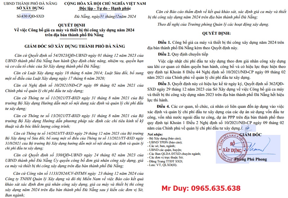 Quyết định 430/QĐ-SXD bảng giá ca máy Đà nẵng năm 2025