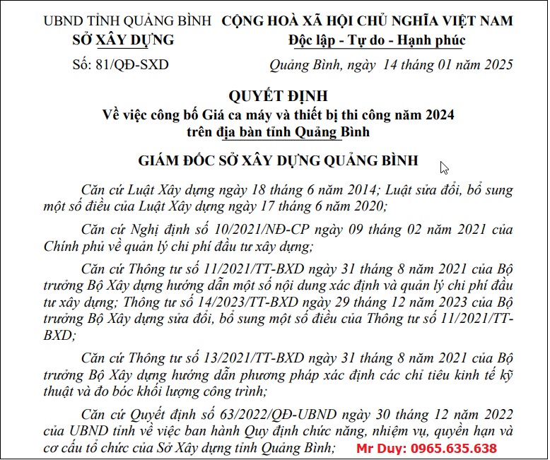 Bảng giá ca máy tỉnh Quảng Bình năm 2025 Quyết định 81/QĐ-SXD