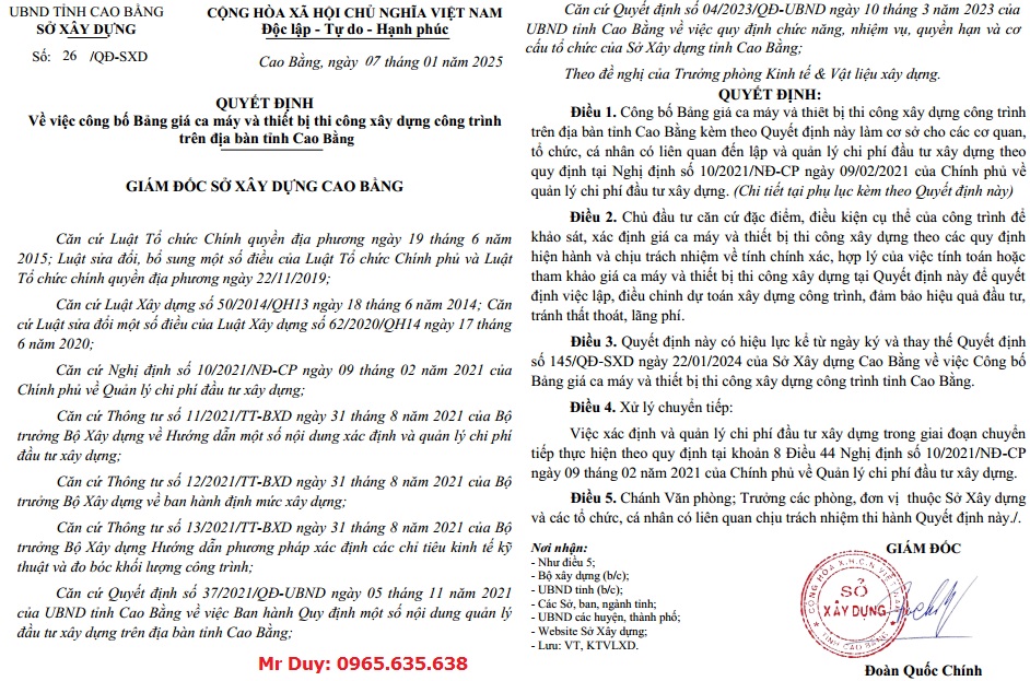 Quyết định 26/QĐ-SXD Bảng giá ca máy tỉnh Cao Bằng năm 2025