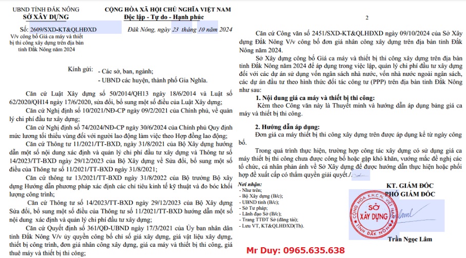 Bảng giá ca máy tỉnh Đắk Nông năm 2025 Công bố 2609/SXD-KT&QLHĐXD