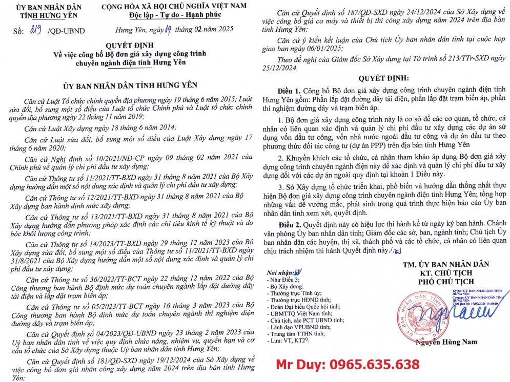 Đơn giá thí nghiệm điện tỉnh Hưng Yên năm 2025 Quyết định 319/QĐ-UBND
