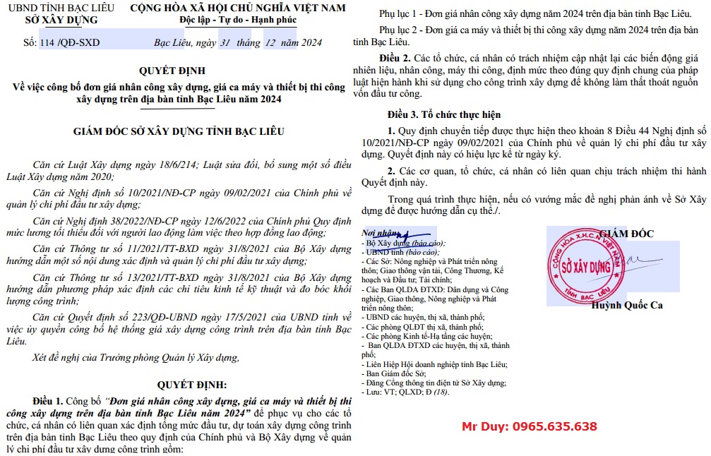 Quyết định 114/QĐ-SXD Bảng giá ca máy tỉnh Bạc Liêu năm 2025