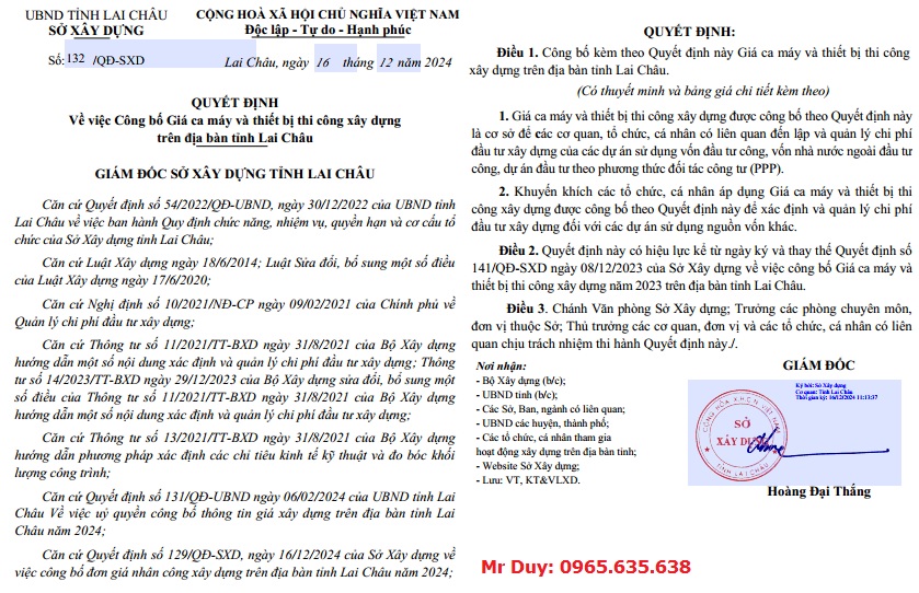 Quyết định 132/QĐ-SXD Bảng giá ca máy thiết bị tỉnh Lai Châu năm 2025