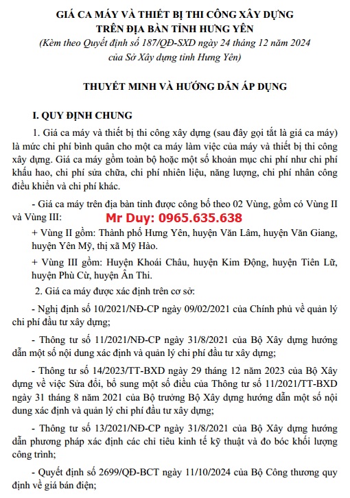 Quyết định 187/QĐ-SXD Bảng giá ca máy tỉnh Hưng Yên năm 2025 