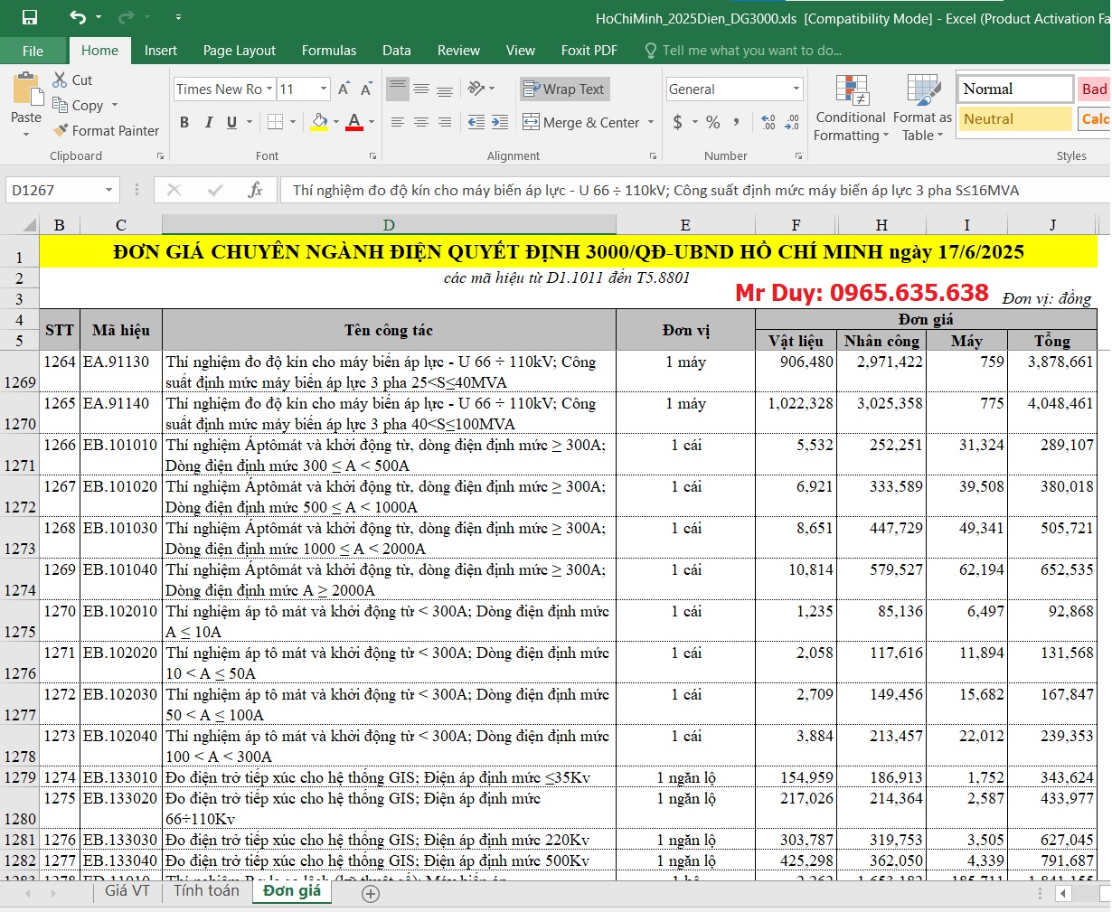 file excel đơn giá điện 3000/QĐ-UBND Hồ Chí Minh