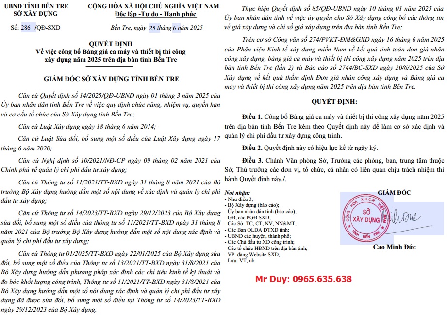 Quyết định 286/QĐ-SXD Bảng giá ca máy Bến Tre năm 2025