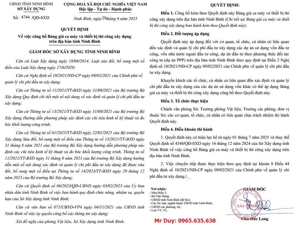 Quyết định 4744/QĐ-SXD bảng giá ca máy Ninh Bình năm 2025