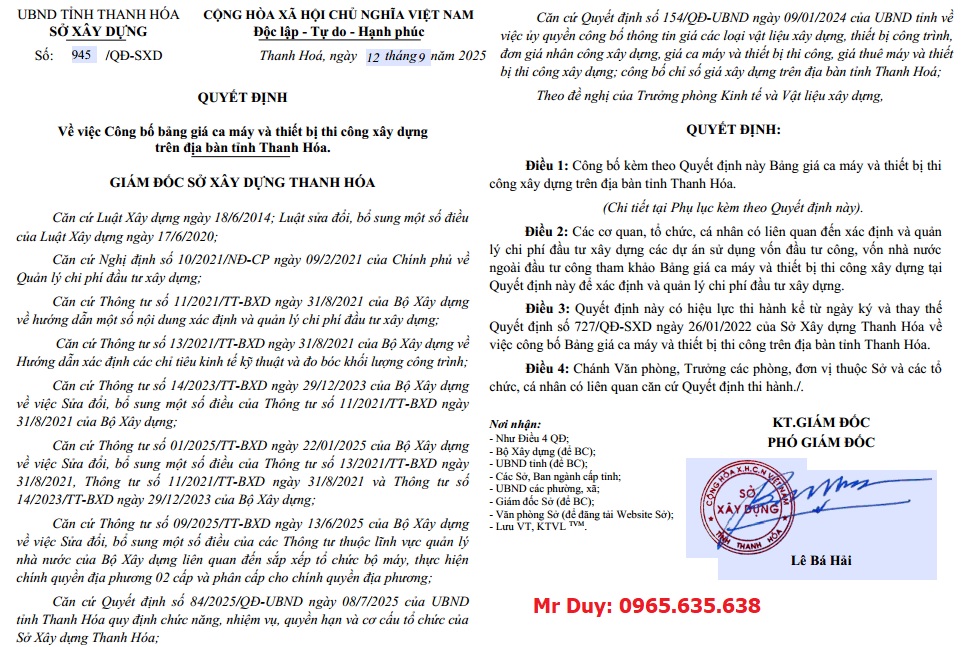 Bảng giá ca máy Thanh Hóa năm 2025 Quyết định 945/QĐ-SXD
