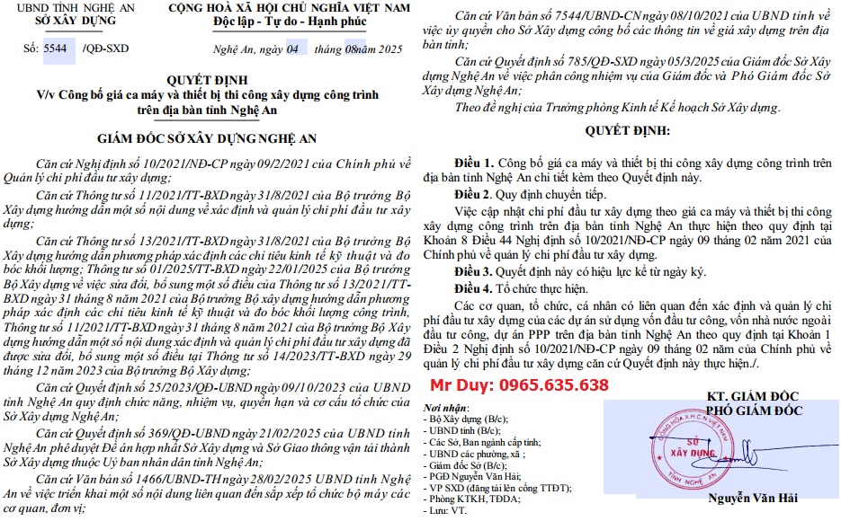 Quyết định 5544/QĐ-SXD Bảng giá ca máy tỉnh Nghệ An năm 2025