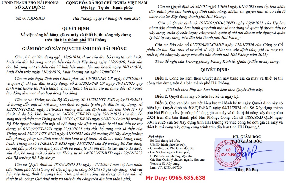 Bảng giá ca máy Hải Phòng năm 2026 Quyết định 66/QĐ-SXD