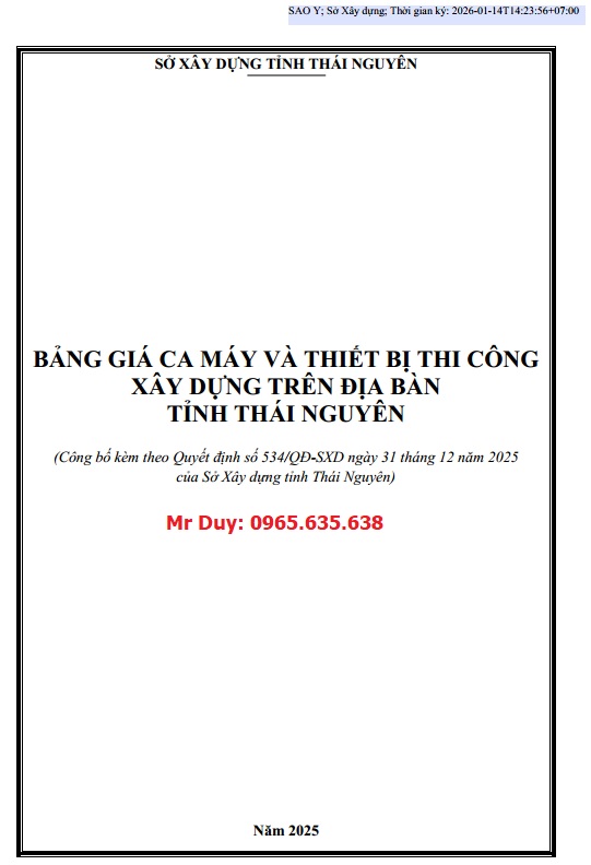 Bảng giá ca máy tỉnh Thái Nguyên năm 2026 Quyết định 534/QĐ-SXD