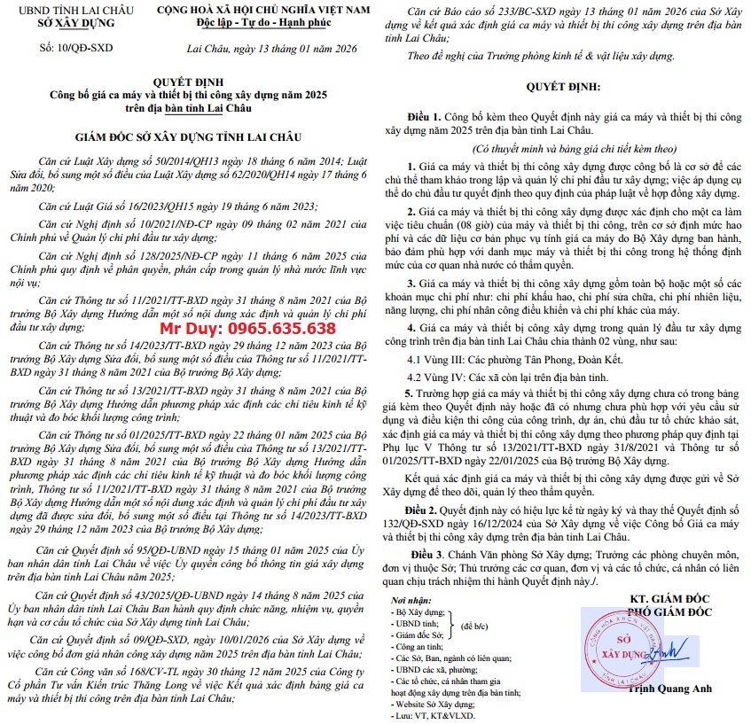 Bảng giá ca máy tỉnh Lai Châu năm 2026 Quyết định 10/QĐ-SXD