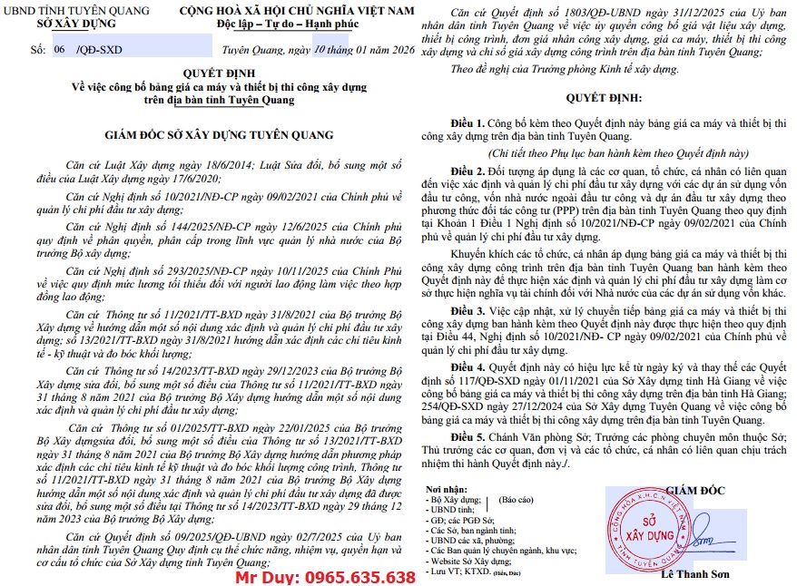 Bảng giá ca máy Tuyên Quang năm 2026 Quyết định 06/QĐ-SXD