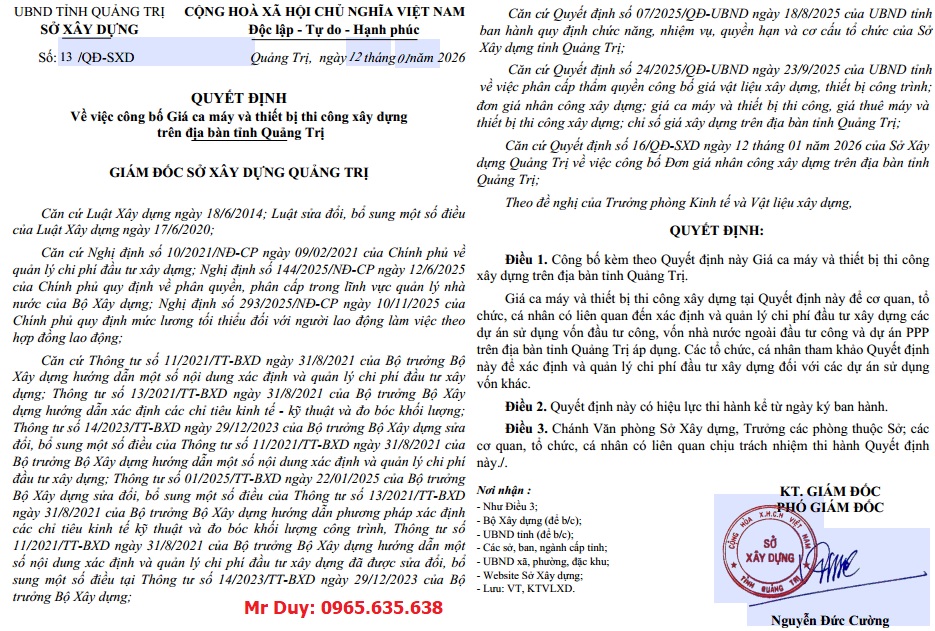 Quyết định 13/QĐ-SXD Bảng giá ca máy Quảng Trị năm 2026