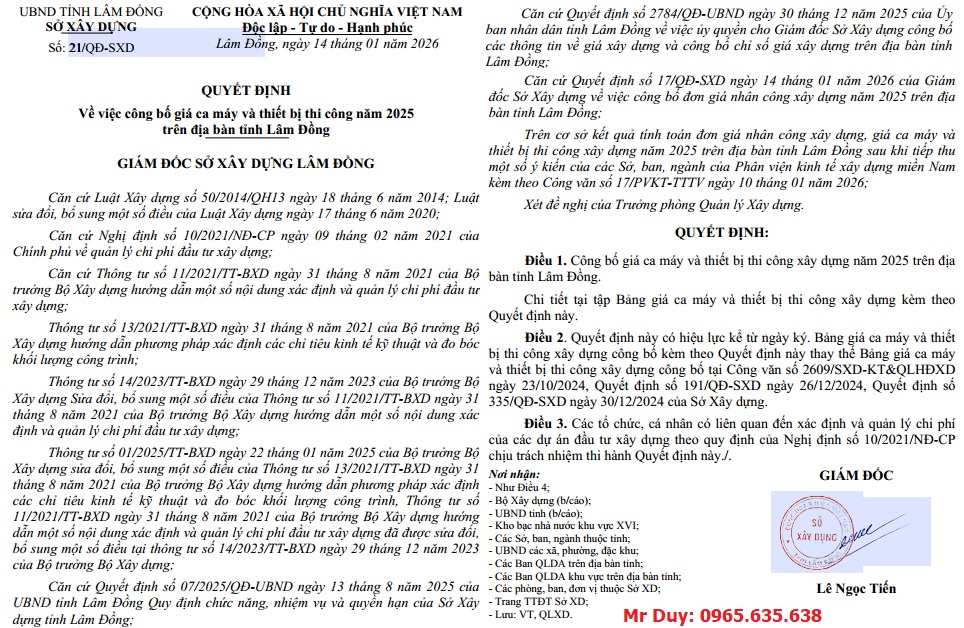 Bảng giá ca máy Lâm Đồng năm 2026 Quyết định 21/QĐ-SXD