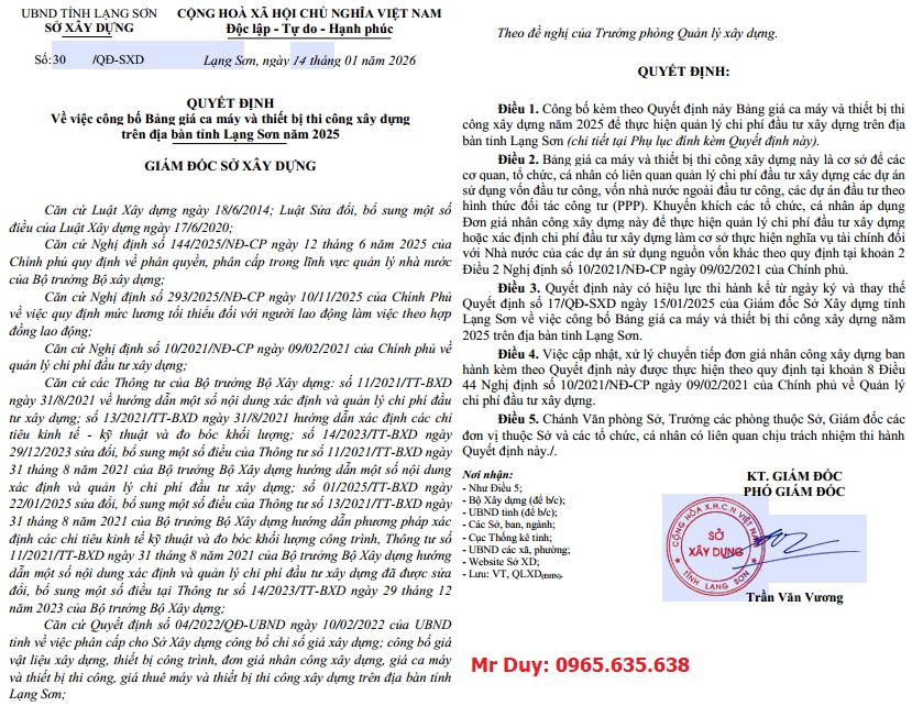 Quyết định 30/QĐ-SXD Bảng giá ca máy Lạng Sơn năm 2026